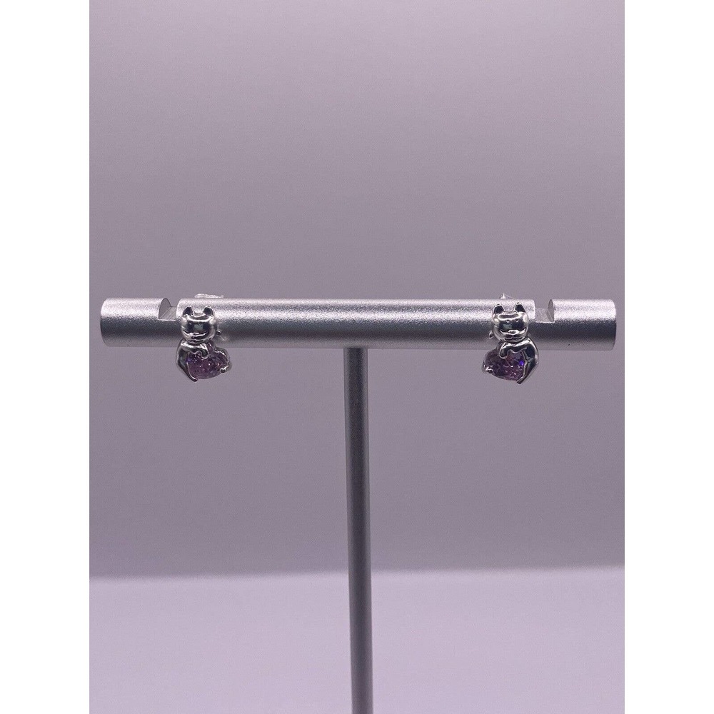 Kitten Holding Purple Heart Sterling Silver Earrings